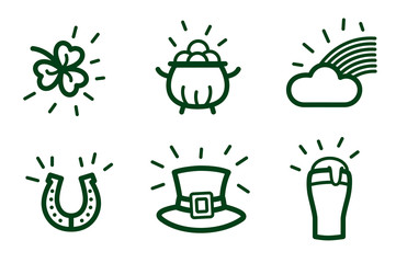 Set of vector icons for St. Patrick's Day. Irish symbols for festive decoration. Clover, pot, hat, rainbow, horseshoe, glass of beer