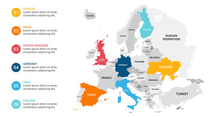 Europe map infographic. Slide presentation. Global business marketing concept. Color country. World transportation data. Economic statistic template. - obrazy, fototapety, plakaty