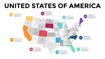 USA map infographic. Slide presentation. United States of America. Global business marketing concept. Color country. World transportation data. Economic statistic template. - obrazy, fototapety, plakaty