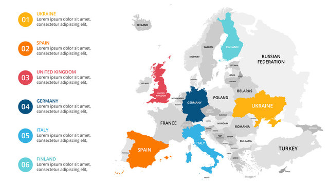 Europe map infographic. Slide presentation. Global business marketing concept. Color country. World transportation data. Economic statistic template.
