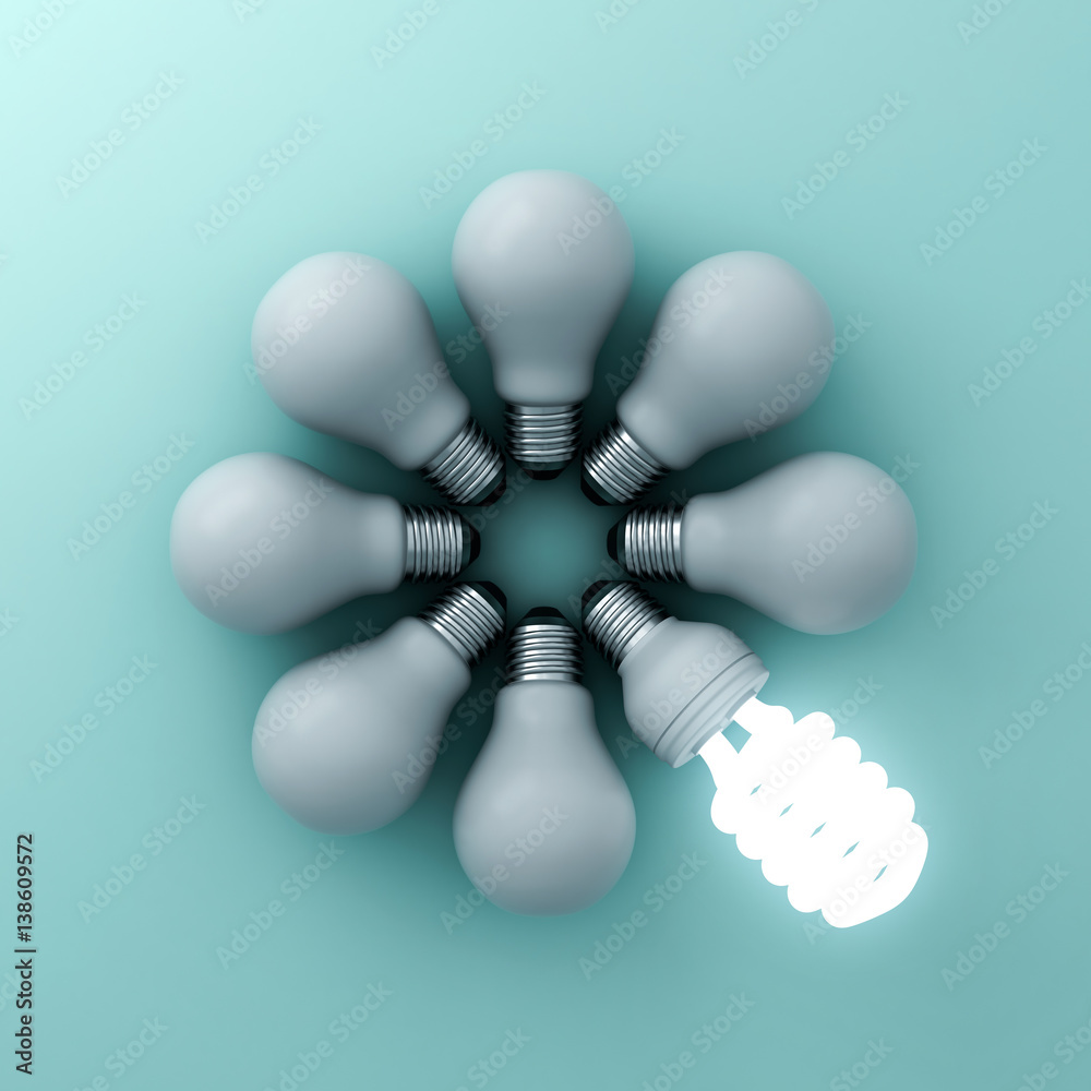 Poster Eco energy saving light bulb , one glowing fluorescent lightbulb standing out from unlit incandescent bulbs on green background , individuality and different creative ideas concepts . 3D rendering.