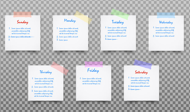 Set of White realistic sticky note vector with shadow, colorful clip and text isolated on transparent background. Post it paper for planning Work week, to do list.