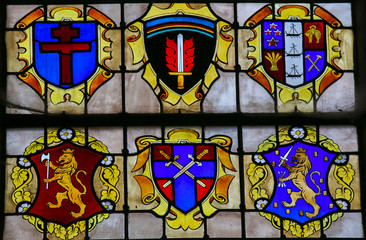 Stained Glass in Bayeux - Coat of arms at a window commemorating D-day