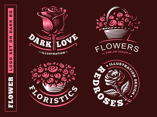 Set flowers logo - vector illustration, emblem design on dark background
