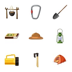 Campground icons set, cartoon style