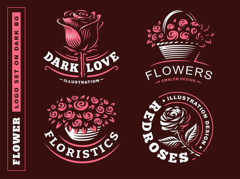 Set flowers logo - vector illustration, emblem design on dark background