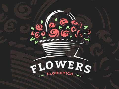 Rose basket logo - vector illustration, emblem design on dark background