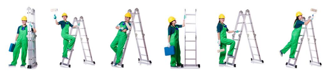 Female construction worker with toolkit and ladder