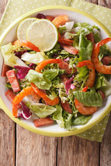 salad with shrimp, chorizo sausage and mix lettuce close-up on a plate. vertical top view