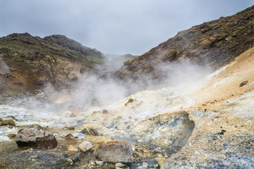 Unusual colorful Seltun Geothermal Area near Krysuvik. Southern Iceland.