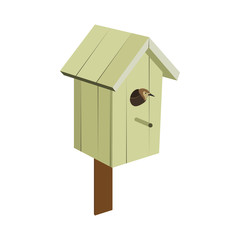 Birdhouse handmade from wood, yellow color with a bird. Vector.
