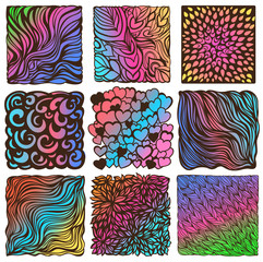 Nine hand-drawn abstract vector doodle background