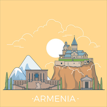 World travel in Armenia Linear Flat vector design template.