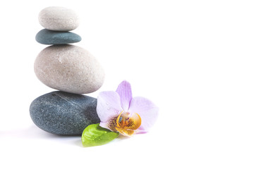 Fototapeta na wymiar Stones and orchid flower on white background. Isolated. SPA treatment with zen stones. SPA concept
