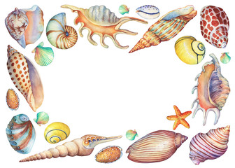 Square frame with hand painted underwater life objects. Marine design. Hand drawn watercolor painting on white background.