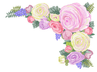 Vector gentle colored rectangular background with composition of pastel colored Ranunculus flowers