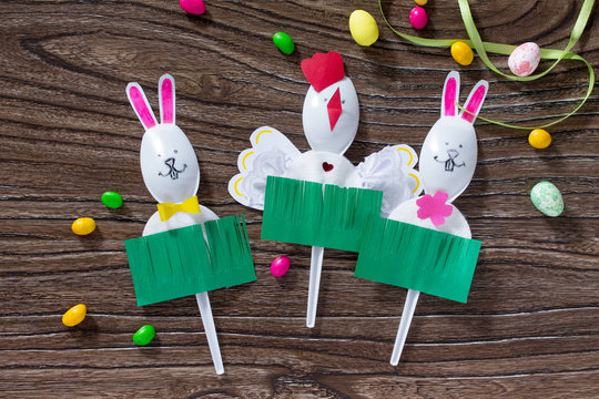 Create an Easter gift baby toy Rooster and the Easter Bunny. Made by hand. Children's Art Project, needlework, crafts for children.