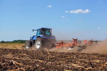 Fototapeta premium Big tractor plows the field and removes the remains of previously mown sunflower. Work agricultural machines.