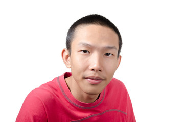 Portrait of a young Asian man wearing red t-shirt isolated on white