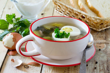 Soup with fresh nettles, egg, meat and potatoes. Fresh nettle leaf on the kitchen table a rustic background.