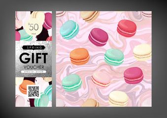 Gift certificate, Voucher, Coupon template with macaroons colorful pattern. Trendy confectionery texture with classic french almond cookies on art stroke stripes, marble background. - 138615325