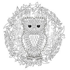 Black white tracery doodle of the owl.
