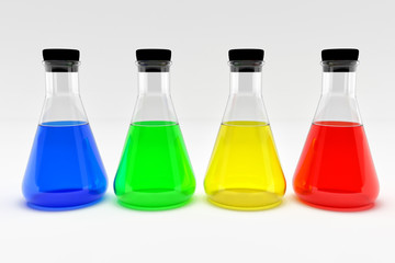 Four laboratory flasks with black cork plugs and colorful liquids isolated on white background. Digitally generated image.