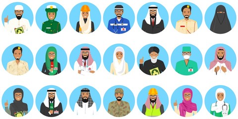 Fototapeta premium Different muslim Middle East people professions occupation characters avatars icons set in flat style isolated on blue background. Differences islamic saudi arabic persons smiling faces. Vector