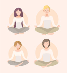 Set young woman and man meditating in lotus pose and crossed legs . Relaxation, isolated people illustration.