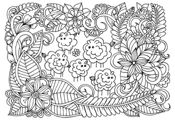 Cheerful lambs on a garden. Vector floral drawing for coloring