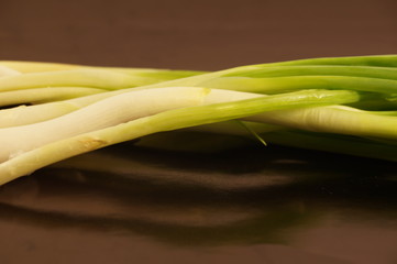 Green fresh onions isolated on a black background