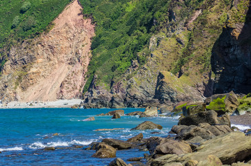 North Devon Coast near the villages of Lynton and Lynmouth. Sunny day and blue sky. UK