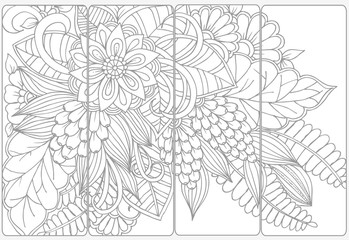 Naklejka premium Vector set of monochrome bookmarks and doodle flowers for coloring adult coloring book.