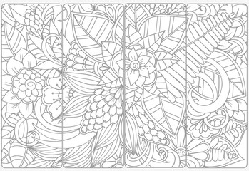 Vector set of monochrome bookmarks and doodle flowers for coloring adult coloring book.