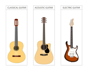 Acoustic, electric and classical Guitar Set. Vector illustration
