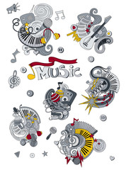 Cartoon hand drawn doodles Music illustration. Colorful detailed, with lots of objects vector background