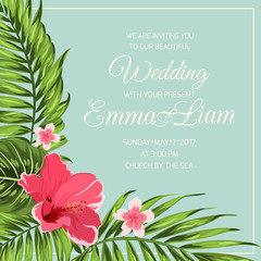 Corner frame template with hibiscus plumeria exotic botanical flowers and tropical jungle palm tree leaves on blue background. Wedding marriage event invitation RSVP card. Vector design illustration.