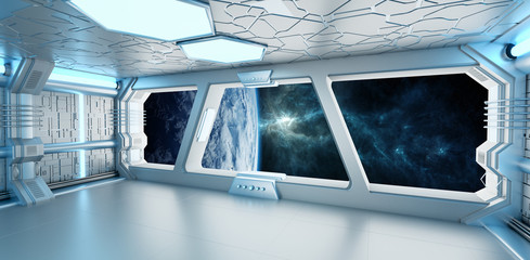 Obraz premium Spaceship interior with view on the planet Earth 3D rendering elements of this image furnished by NASA