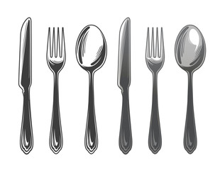 Cutlery set spoon, fork and knife. Tableware, top view. Vector illustration