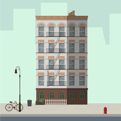 High apartment building white and brown. Flat vector illustration.