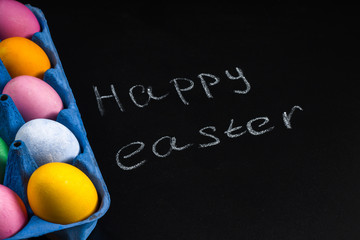 Chalkboard with the words Happy Easter and eggs