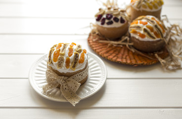 Ukrainian cake beautifully decorated for the holiday. Selective focus.