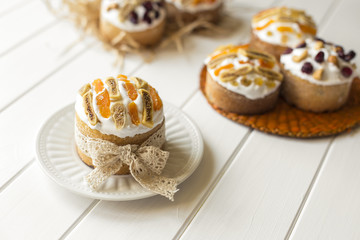 Traditional easter cake on the wooden table , selective focus on the cake