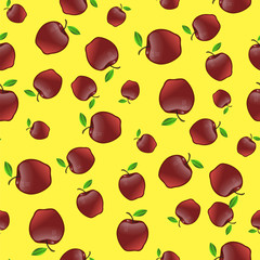 Red Apples with Green Leaves Seamless Pattern on Yellow Background