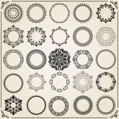 Vintage set of vector round elements. Different elements for decoration and design frames, cards, menus, backgrounds and monograms. Classic patterns. Set of vintage patterns