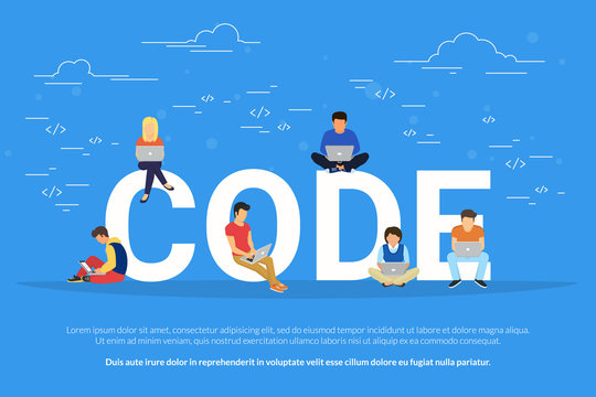 Code concept illustration of students using laptops for developing programs and app. Flat modern design of young programmers coding a new project sitting on big letters and working hard