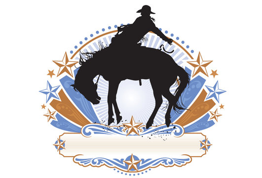 A vector silhouette of a Rodeo Saddle Bronc rider in a poster or logo design.