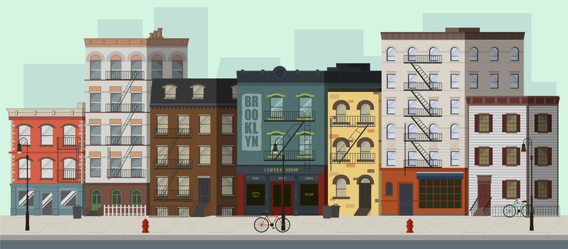 Street landscape with apartment buildings, shops and bars. Flat vector illustration.
