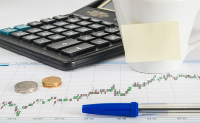 Finance chart calculator money pen and cup of coffee with an empty space for writing