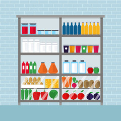 Counter with food in magazine. Supermarket interior design. Market vector flat illustration. Set with bottles, vegetables and fruits. Grocery purchase collection. Shelf with products for buying.